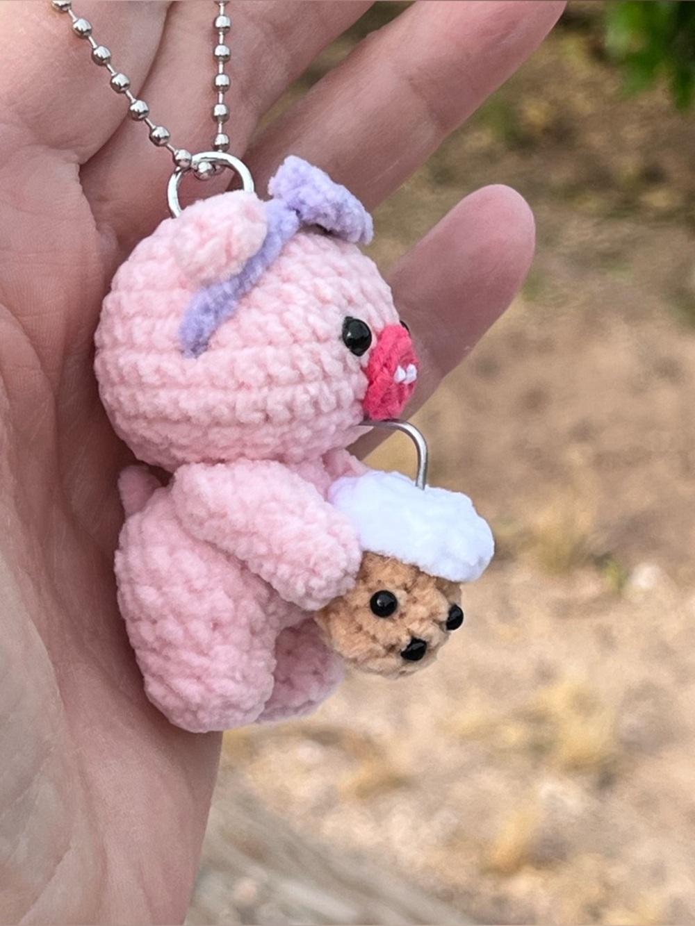 Boba Tea Mini Crochet Piggy with Purple Headband Key Chain / Purse Charm - Picture 4 of 7